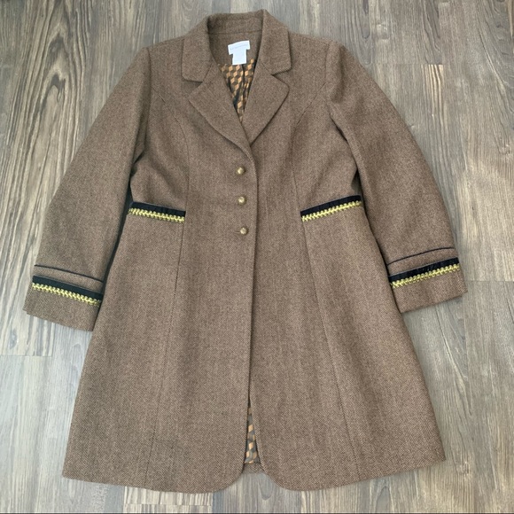 Soft Surroundings Jackets & Blazers - Soft Surroundings Brown Tweed Herringbone Velvet Trim Wool Blend Military Jacket